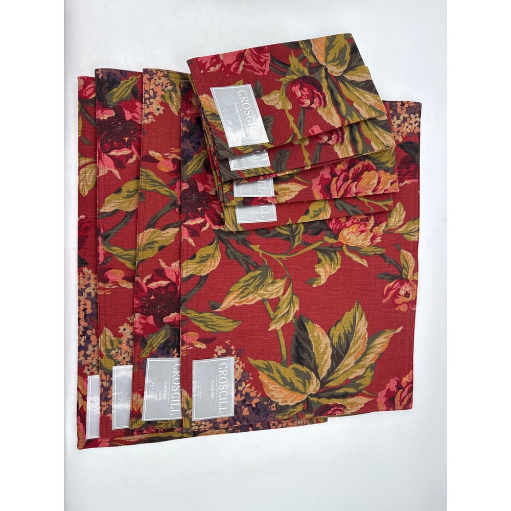 Croscill Floral Red Place Mats 14x19 Napkins Set 20x20‎ Cotton Serena NEW